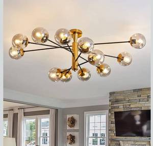 lot 9064 image: hesoge Large 12 Light Sputnik Semi Flush Mount Ceiling Light Fixture Gold Mid Century Modern Chandelier with Glass Globe Close to Ceiling Light for Living Room Kitchen Dining Room Bedroom.