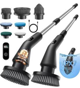 lot 9100 image: Leebein Electric Spin Scrubber, Cordless Cleaning Brush for Bathroom Shower Tub, IPX7 Waterproof Power Scrubber with 7 Brush Heads, Extendable Long Handle and 2 Speeds Scrubber for Bathtub Floor