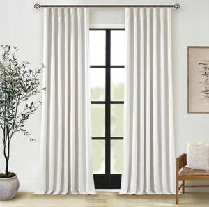 lot 9103 image: Extra Long 100% Blackout Linen Curtains 120 Inches Long for Living Room Bedroom Large Window Pinch Pleated with Hooks Rings Back Tab Thermal Insulated Light Blocking Boho Track Curtains Birch Ivory