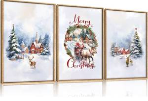 lot 9104 image: HPINUB Christmas Santa Reindeer Framed Canvas Wall Art Set Sleigh Deer Winter Snow Forest Tree Wall Decor Wonderland Art Print for Living Room,Bedroom,Party-24 x36 x3