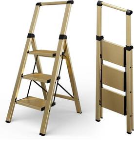 lot 9105 image: Taranta 3 Step Ladder, Portable Folding Ladder with Wide Pedal, Lightweight Aluminum Step Stool with Convenient Handgrip, 330 lbs Capacity Stepladder for Home, Office - Gold