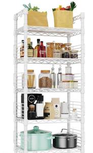lot 9108 image: FUTASSI Metal Storage Rack, Storage Organizer Shelves for Kitchen, Bathroom, Living Room, Balcony and Garage, 5 Tiers Narrow Bookshelf, 21.2 W x 9.4 D x 59.2 H, Load 400lbs, White