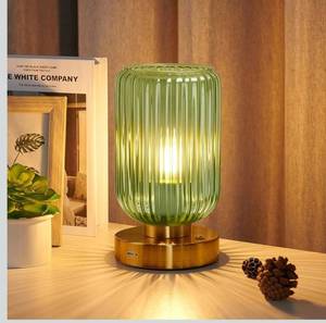 lot 9119 image: LightRound Cordless Table Lamp for Bedroom, 7500mAh Rechargeable Battery Operated Lamp, Modern Touch Dimmable Wireless Lamp Gold Base Green Glass Shade for Living Room, Desk