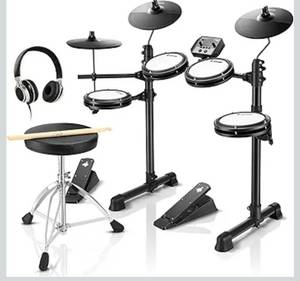 lot 9121 image: Donner DED-80 Electronic Drum Set with 4 Quiet Mesh Pads, 180 Sounds, 2 Pedals, Throne, Headphones, Sticks, and Melodics Lessons