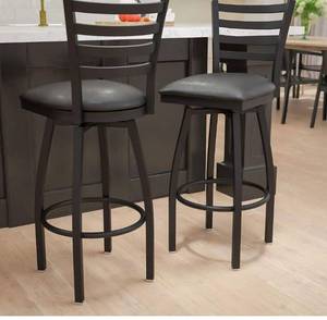 lot 9142 image: EMMA  OLIVER 2 Pack Black Ladder Back Swivel Metal Barstool - Black Vinyl Seat