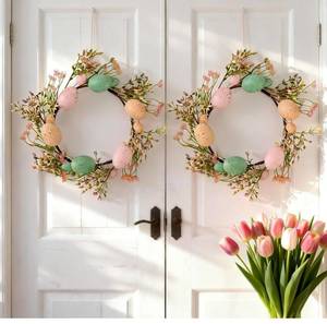 lot 9158 image: 2 Pack Easter Egg Wreath for Front Door, 28 Inch Handmade Spring Wreaths with Macaron Pastel Eggs and Berries, Shapeable Artificial Farmhouse Floral Wreath for Wall Window Indoor Outdoor Easter Decor
