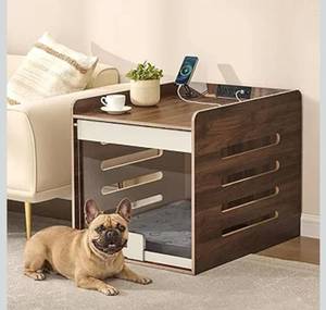 lot 9196 image: Feandrea Modern Dog Crate Furniture with Charging Station, Medium Kennel Indoor with Flip-up Hidden Acrylic Door, for Small and Medium Dogs up to 45 lb, Pet Side End Table Cage, Natural Walnut