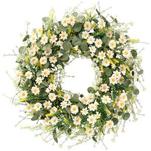 lot 9216 image: Sggvecsy White Daisy Wreath 24 Inch with Fake Silk Floral Green Eucalyptus Leaves and Lavender for Spring Summer Front Door Window Wall Wedding Farmhouse Festival Decor