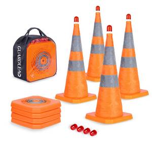 lot 9220 image: 4 Pack 28 inch Collapsible Traffic Cones with LED Light, Safety Cones with Reflective Collars, Multi Purpose Pop Up Extendable Road Safety Cone by GUARDLEAD