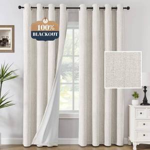 lot 9222 image: H.VERSAILTEX Chenille Linen Curtains 108 inches Long 100% Black Out Curtains, Textured Linen Look Draperies Grommet with White Flocking Coating Back, 2 Panels, Heathered Ivory(Not Solid)