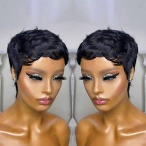 lot 9239 image: Flandi Short Pixie Cut Wigs for Black Women Human Hair Glueless pixie Layered None Lace Front Wig with Bangs Natural Straight Full Machine Made 1B color