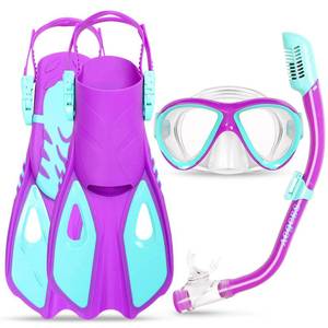 lot 9252 image: Snorkeling Gear for Kids Ages 5-15, 4 in 1 Mask Fins Snorkel Set with HD Tempered Glass Panoramic View Anti-Fog Mask, Dry Top Snorkel, Adjustable Trek Fins, and Mesh Bag, Kids Snorkel Set for Youth