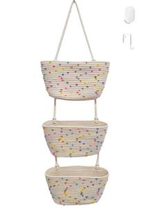 lot 9260 image: Wycoroy Hanging Baskets for Organizing,3-Tier Woven Cotton Over the DoorWall-Mounted Storage Organizer Bag Decorative,Kitchen,Living Room,Bedroom,Nursery,Grey
