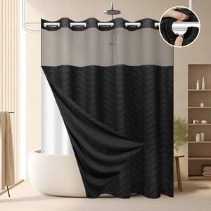 lot 9265 image: FADOTY No Hook Shower Curtain and Snap in Liner Set Black Tufted Chevron Striped Cloth Waterproof Washable Fabric Boho Farmhouse Bath Curtain See Through Mesh Top Window for Bathroom Hotel 71 x 86