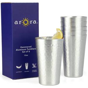 lot 9272 image: ARORA Aluminum Metal Cups for Drinks, Metal Anodized Hammered Silver Color Tumblers Set of 6, , Aluminum Drinking Cups for Fathers Day 15oz