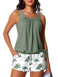 lot 4602 image: Summer Mae Blouson Womens Tankini Swimsuits with Shorts Tummy Control Bathing Suits Side Pockets Green Shadow Large 2026 - Retail $40