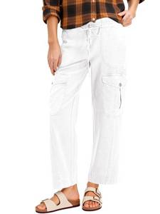 lot 4617 image: Cicy Bell Womens Cotton Cargo Pants Low Rise Drawstring Waist Wide Leg Casual Hiking Pants with Multiple Pockets White, M - Retail $30