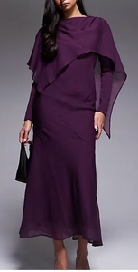 lot 4618 image: ASOS DESIGN Long Sleeve Asymmetric Cape Overlay Maxi Dress in Plum, Size 6 - Retail $109