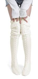 lot 4627 image: Pcavin Womens Thigh High Socks Over the Knee Cable Knit Boot Socks, Long Warm Fashion Leg Warmers Winter(White) fits womens 6-10 - Retail $10