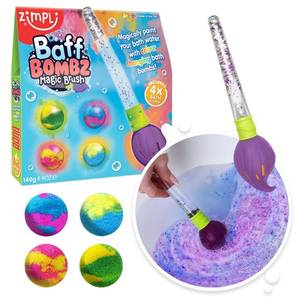 lot 4640 image: Baff Bombz Magic Brush, 4 x Bath Bombs, Magically Paint Your Bath Water, Creative Bath Toy for Children, Birthday Gifts for Boys & Girls, Pocket Money Toy, Moisturising Bath Fizzers - Retail $13