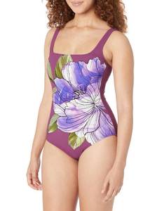 lot 4652 image: Gottex Womens Wild Flower Square Neck One Piece Swimsuit, PlumMulticolor, 14 US - Retail $128