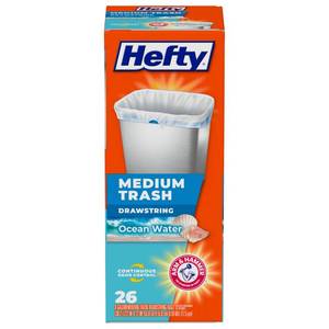 lot 4672 image: Hefty Medium Trash Bags, Ocean Water Scent, 8 Gallon, 26 Count - Retail $7