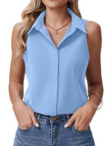 lot 4673 image: HOTOUCH Womens Summer Sleeveless Tank Top V Neck Solid Button Up Casual Blouses Loose Basic Formal Shirt Light Blue XL - Retail $17