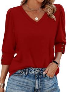 lot 4689 image: XIEERDUO Womens 34 Sleeve Tops with Buttons 2026 V-Neck Shirts Summer Outfits Blouses Beach Vacation Fall Fashion Outfits Clothes A-Red L - Retail $10