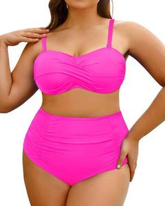 lot 4690 image: Yonique Women Plus Size Two Piece Swimsuits High Waisted Bathing Suits Bandeau Bikini Tummy Control Swimwear Anti-Slip Strip Hot Pink 18W