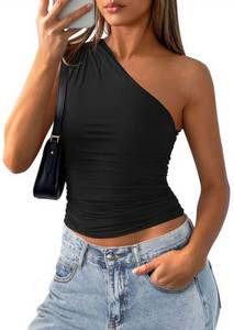 lot 4702 image: PRETTYGARDEN Womens Sleeveless One Shoulder Tank Top Ruched Slim Fit Shirts Basic Crop Y2k Tops 2026 Spring Fashion Clothing (Black,Medium) - Retail $10