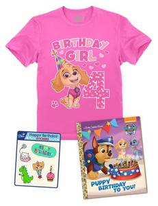lot 4744 image: Tstars 4 Years Old 4th Birthday Shirt Toddler Girl Paw Patrol Birthday Gift Shirt Book and Stickers TshirtBookSticker Pink 4T - Retail $24