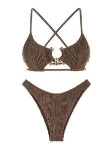 lot 4781 image: ZAFUL Womens Cutout Bikini Criss Cross Textured Metal High Leg Bikini Sets Cheeky Swimswear Two Piece Swimsuit Size 4 - Retail $33
