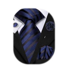 lot 4805 image: Hi-Tie Mens Black Blue Striped Ties Set Silk Necktie and Lapel Pin for Men Pocket Square Cufflinks Set Business Wedding - Retail $10