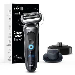 lot 4816 image: Braun Electric Shaver for Men, Series 7 7127cs, Wet & Dry Shave, Turbo & Gentle Shaving Modes, Waterproof Foil Shaver, Engineered in Germany, with Beard Trimmer, Charging Stand, Space Grey - Retail $170
