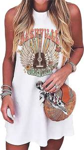 lot 4833 image: Nashville Music City Mini Dress Women Country Music Rock Band Sleeveless Dress Vintage Guitar Wings Graphic T Shirts Dress(White,M) - Retail $20