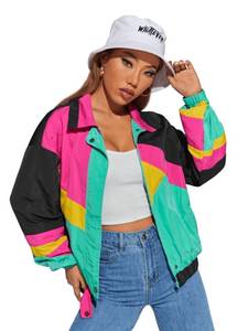 lot 4838 image: SweatyRocks Womens Windbreaker Casual Lightweight Color Block Retro Bomber Jacket Teal Pink Black X-Large - Retail $41