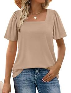 lot 4869 image: WIHOLL Short Sleeve Tops for Women Summer Puffy Sleeve Ruffle Square Neck Tops T Shirts Comfy Khaki 2X - Retail $17