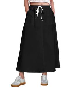 lot 4881 image: luvamia Denim Skirts for Women Trendy A Line Long Maxi Pull On Elastic Waist Drawstring Stretchy Jean Skirt with Pockets Black A Line Skirt True Black Size Large Fits Size 12-14 - Retail $33
