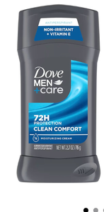lot 4895 image: DOVE MEN  CARE Antiperspirant Deodorant Stick Clean Comfort 72-Hour Sweat & Odor Protection Antiperspirant for Men With 14 Moisturizing Cream 2.7 oz - Retail $11