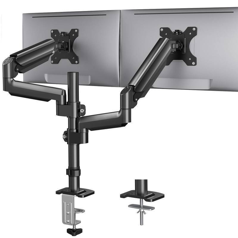 lot 16551 image: Dual Monitor Mount up to 32 inches Screens, Taller Monitor Stand Hold 19.8lbs, Dual Monitor Arm Desk Mount Easy Adjustable with Tilt, Swivel, Rotation, VESA 75100mm - Retail $70