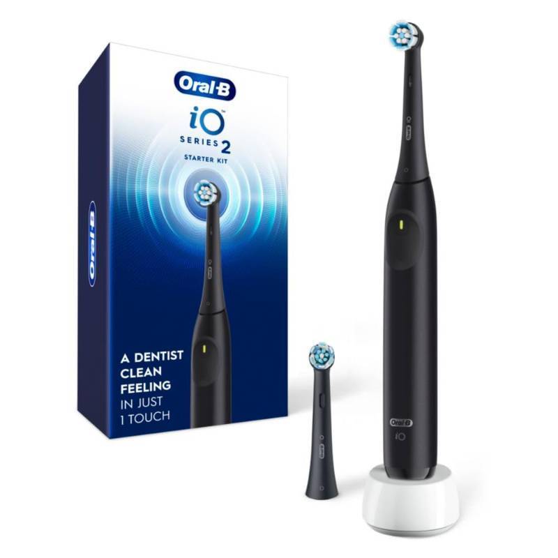 lot 16571 image: Oral-B Rechargeable Electric Toothbrush, iO2 Starter Kit, 3 Cleaning Modes, Automatic Pressure Sensor to Protect Gums, 2 Brush Heads, Night Black - Retail $50