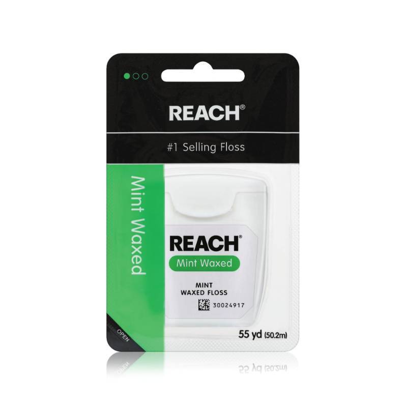lot 16575 image: REACH Waxed Dental Floss, Mint, Plaque Remover for Teeth, Shred Resistant, Floss Slides Smoothly, Easy to Use, Waxed, Deep Cleaning Teeth, Oral Care, PFAS Free, for Adults & Kids, 1 Count. - Retail $11