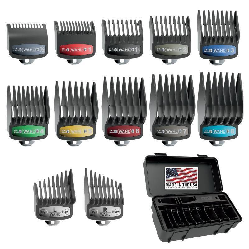 lot 16578 image: Wahl Genuine SECURE-SNAP Guide Comb Set with Colored Metal Clips and Guard Organization Caddy, 12 Full Size Attachment Guards from 116�� to 1�� for Increased Cutting Performance Grey - 3291-300 - Retail $40