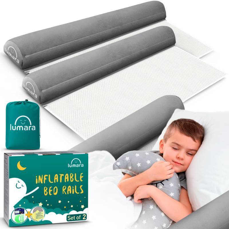 lot 36223 image: Inflatable Bed Rail for Toddlers 2 Pack - Portable Travel Bed Bumpers for Kids Fits Twin Full Queen King Size Beds - Non-Slip Safety Guard Rails - Retail $40
