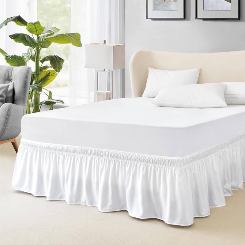 lot 36295 image: Queen Bed Skirt, Elastic Wrap Around Bed Skirt Queen Size, Bed Skirts for Adjustable Bed, Easy Fit with 18 Inch Drop Length, Hotel Quality Dust Ruffle for Queen Bed (White) - Retail $15