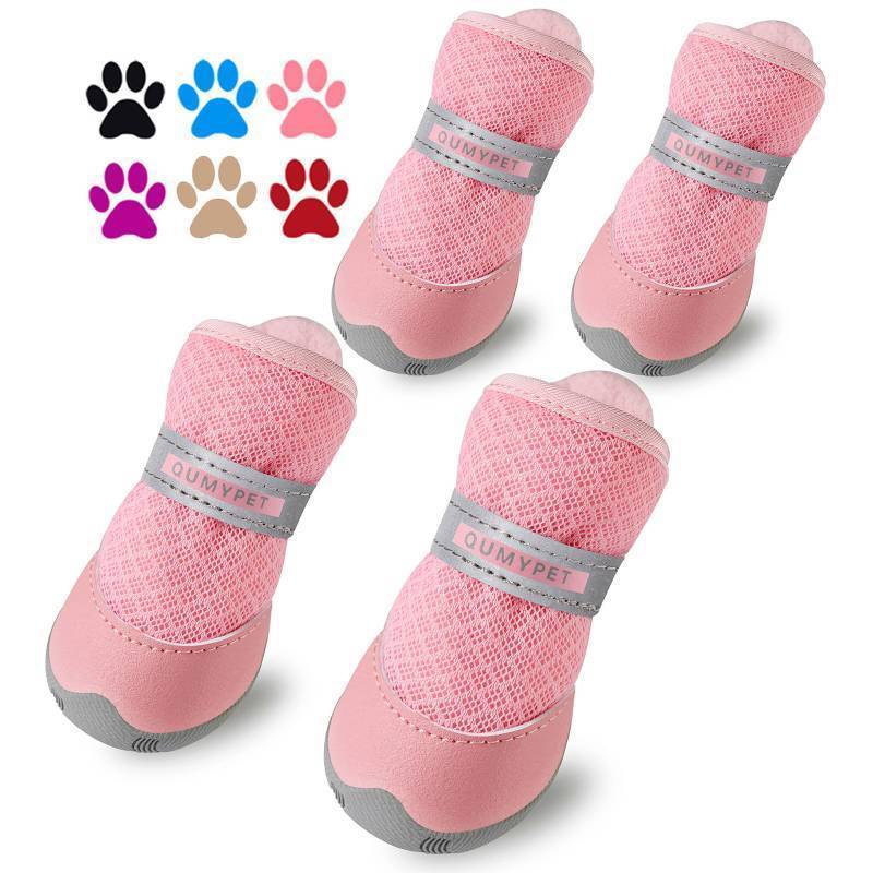 lot 36435 image: 3PCS Dog Shoes for Small Dogs, Hot Pavement Summer Puppy Dog Boots & Paw Protectors with Soft Anti-Slip Rubber Sole, Mesh Breathable Dog Booties for Hardfloors, Walking Running Pink Size 4 - Retail $22