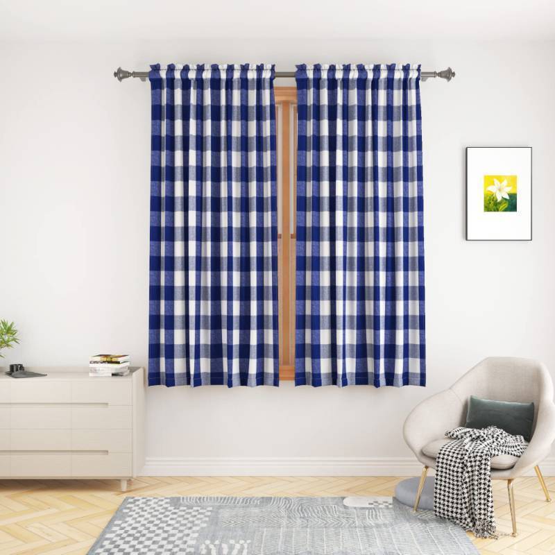 lot 36438 image: Buffalo Check Window Curtains 48 inches Long Living Room Bedroom Cotton Plaid Gingham Farmhouse Rustic Decor Curtains 2 Panels Rod Pocket Kitchen Basement Curtain Panels Navy Blue White 52x48 - Retail $24
