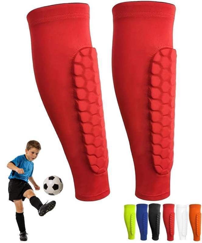 lot 36444 image: Soccer Shin Guards Shin Pads for Kids Youth Adult, Ski Shin Guards Calf Compression Sleeve with Honeycomb Pads, Lightweight Calf Protective Gear for Football Soccer (Red, Medium) - Retail $16