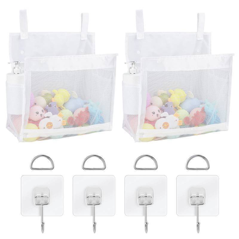 lot 56602 image: 2 Pack Mesh Bath Toys Organizer, Kids Bathroom Toy Storage Holder with Hooks, Bottom Zipper Toy Bag for Bathtub (White) missing pieces  - Retail $12