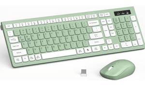 lot 62922 image: Wireless Keyboard and Mouse Combo, Full-Sized Wireless Keyboard and Adjustable DPI Mouse, 2.4GHz USB Receiver, Silent Keyboard and Mouse for PC, Windows, MAC, Desktop, Laptop (Avocado Green) - Retail $20
